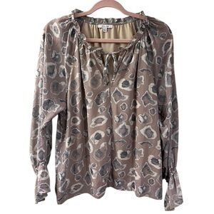 BTFL- life Abstract Ruffle Collar Tie Neck Blouse Sand Gray White